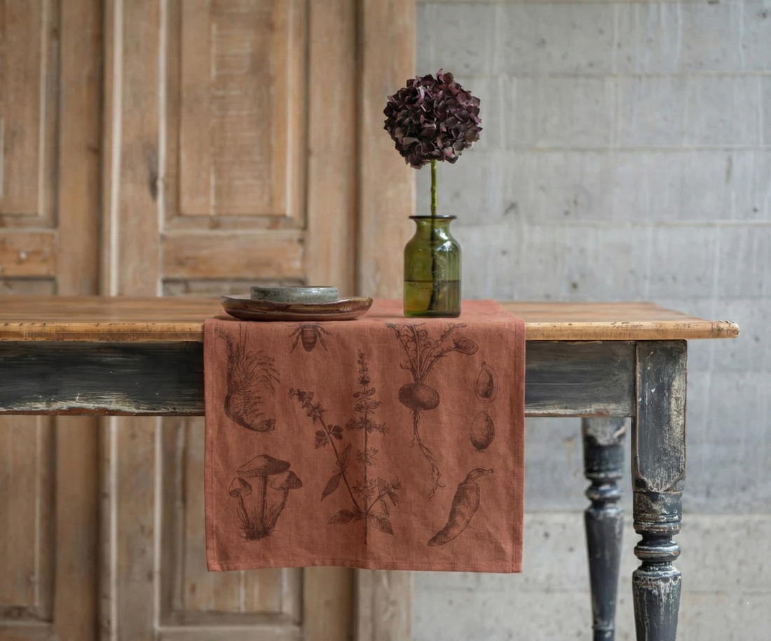 Camino de Lino Mercado Estampado Terracota